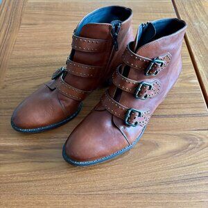 Paul Green Soho Studded Ankle Boots Brown Leather Buckle Booties – US 9